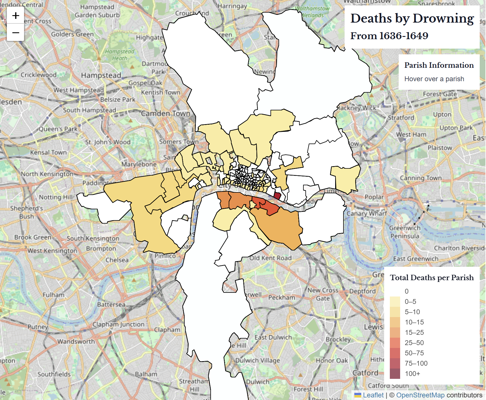 A screenshot of a choropleth map of London parishes. A screenshot of a choropleth map of London parishes.